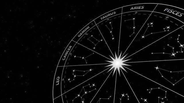 Animated 3D silver zodiac wheel with constellations rotating over a starry space background, futuristic astrology motion background ideal for horoscope, mystic, and spiritual themes
