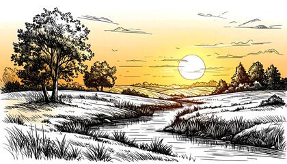 Ink sketch of a serene rural landscape with a river flowing under a warm, sunny sky at dusk or dawn
