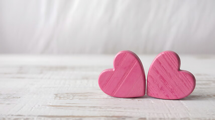 Fototapeta premium Two small, textured, pink wooden heart decorations resting on rustic white wooden table with soft focus background