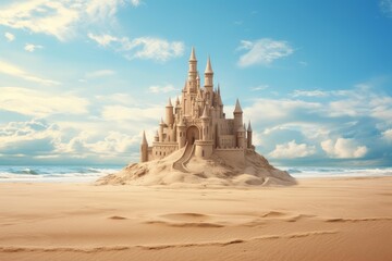 Naklejka premium Sandcastle with towers and walls built on a sandy beach next to the ocean
