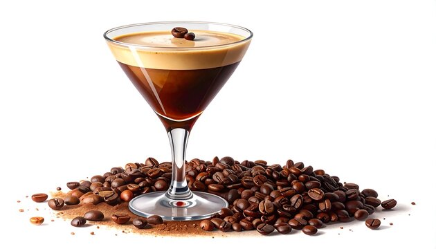 A martini glass filled with a layered coffee cocktail, topped with coffee beans, rests on a pile of roasted coffee beans