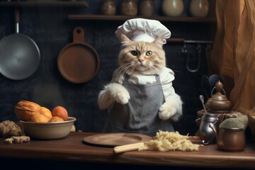 Fototapeta premium Anthropomorphic cat wearing a chef hat and apron preparing food on a wooden counter