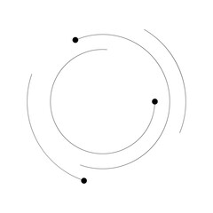 Minimalist Orbital Design, Three Black Dots Positioned Along Concentric Circular Arcs of Varying Radius and Length, Abstract Representation of Motion, Atomic Structure © Nelli