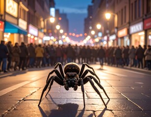 A massive spider stands in a cobblestone street, facing the viewer with a blurred crowd in the background at dusk