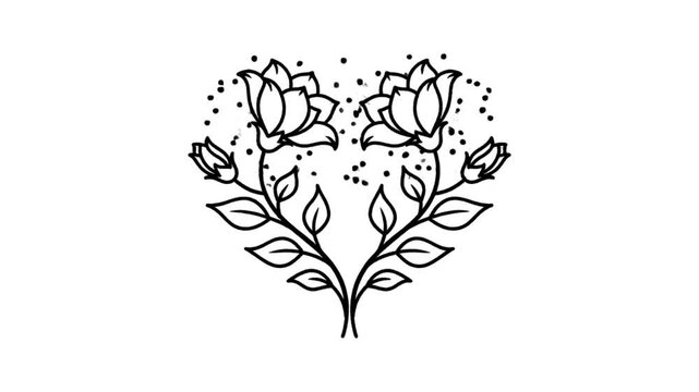 Elegant symmetrical rose branch illustration minimalist line art design with delicate buds and