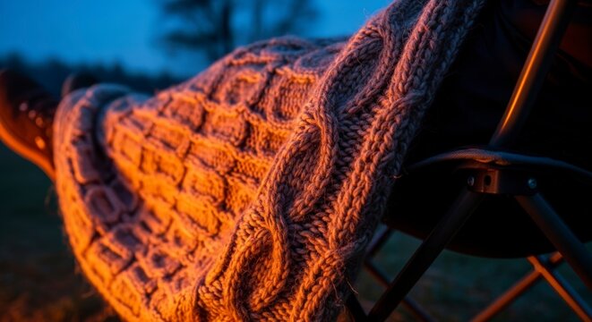 Warm knitted blanket on outdoor furniture.