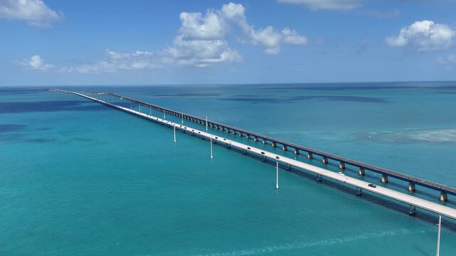 Aerial view of newer Seven Mile Bridge running parallel to the original, historic Overseas highway at Marathon in the Florida Keys, Monroe County, Florida, United States