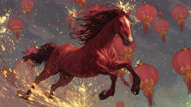Dynamic Red Horse Galloping Among Floating Red Lanterns and Sparkles in a Vibrant Ethereal Atmosphere
