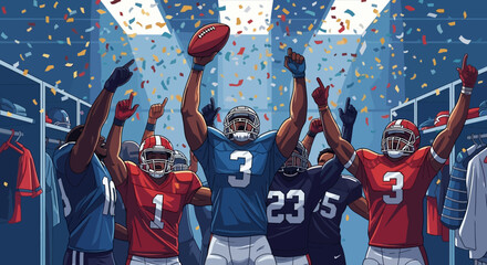 American football players celebrating with arms raised and football in hand in a stadium locker room with confetti
