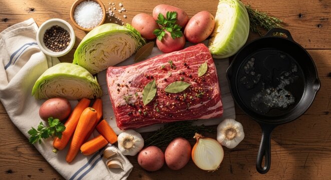 Raw corned beef brisket with fresh vegetables and herbs on rustic wooden table for St Patrick's Day feast perfect for National Corned Beef and Cabbage Day