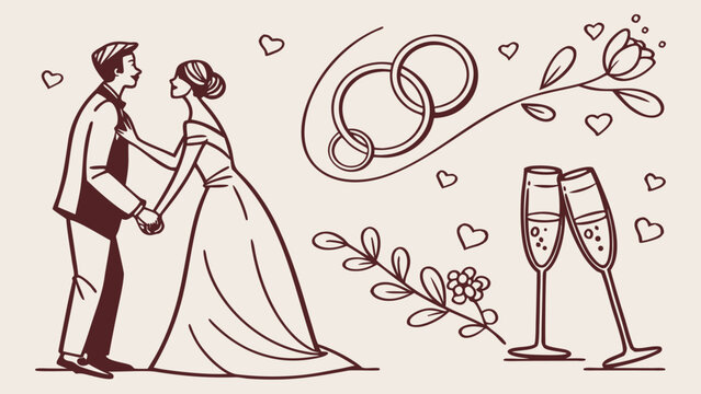 A hand drawn brown ink sketch of a bride and groom standing together surrounded by three rings champagne flutes and floral branches.