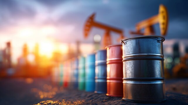 A row of oil barrels are lined up on a road