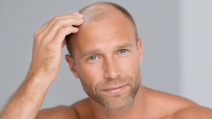 Fototapeta premium A man with a bald head is smiling and looking at the camera