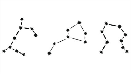 Minimalist dot and line zodiac constellation silhouette vector set, isolated monochrome black Leo, Libra, Scorpio astrological star maps, celestial esoteric astrology illustration for decor, horoscope © Tanver
