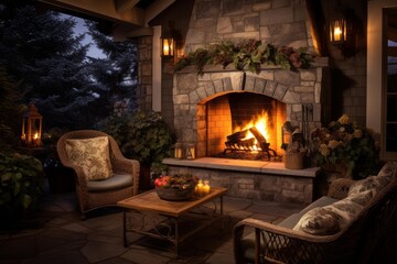 Naklejka premium Stone fireplace burning bright, creating a warm and inviting atmosphere on a winter evening patio