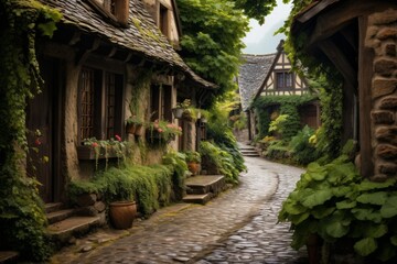 Old stone houses with lush green ivy and flowers lining a narrow cobblestone pathway