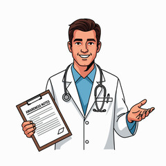 Fototapeta premium A friendly doctor holding a medical chart and stethoscope in a white coat is ready to assist you with your health needs