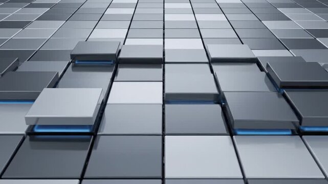 Close-up of a modern 3D metallic grid pattern with raised square blocks and blue accents on a white background.