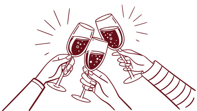 Minimalist illustration of three hands holding and clinking glasses of dark red sparkling wine with burst lines on a plain white background.