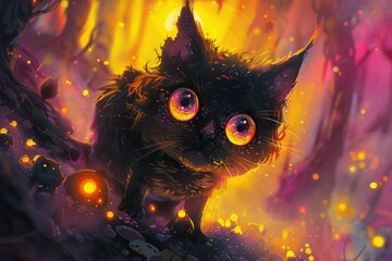 Naklejka premium Black cat with glowing eyes walking through a whimsical, illuminated fantasy forest