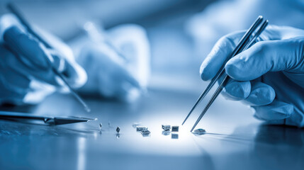Microchip glove hand tweezer laboratory technology metal recovery electronic waste closeup precision science research blue surface component recycling circuit detail