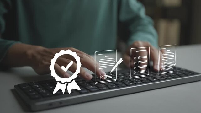 Quality assurance concept. Business person working  with quality control and checklist icons, process verification, performance monitoring, compliance and standard management.