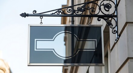 Vintage hanging sign with a modern minimalist logo on a building exterior.