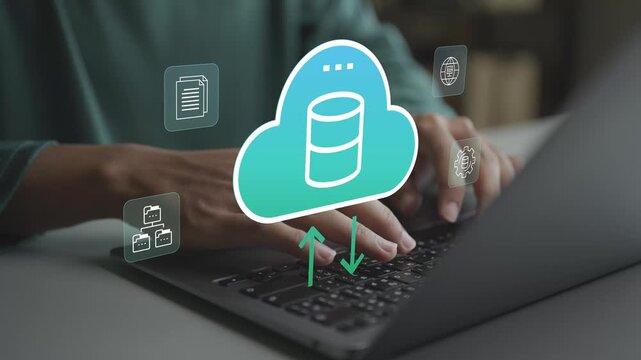 Cloud data management concept. Business person working on laptop with cloud computing and data storage icons, secure data processing, backup, synchronization and scalability.