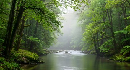 Fototapeta premium Lush green forest landscape tranquil river flowing through dense trees