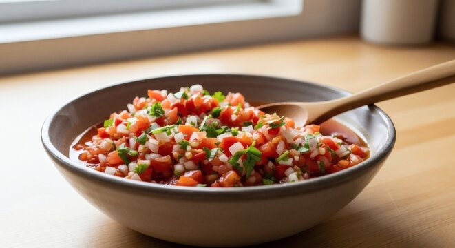 Fresh homemade tomato sofrito soup with vegetables in ceramic bowl on wooden table top view close up perfect for National Sofrito Day