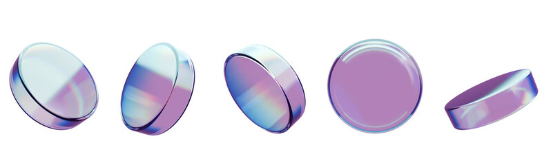 Set of 3D glass transparent coin, disk, and podium shapes in different angles. Holographic circle figures in Y2K neon abstract style. Isolated on transparent background for UI, web, and social media. © Aruvia