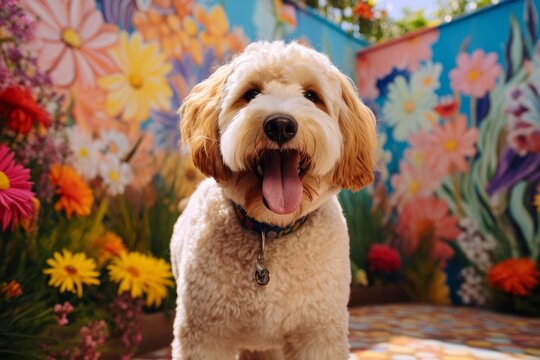 Happy goldendoodle dog looking at camera with tongue out in a vibrant floral backyard
