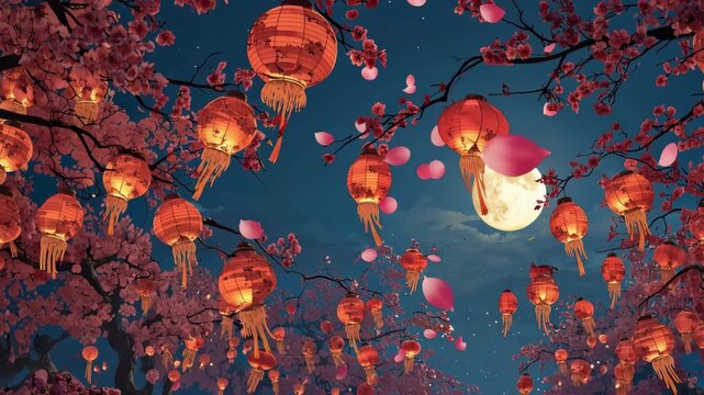 Breathtaking View of Vibrant Lanterns Hanging from Blossoming Cherry Trees Under a Luminous Full Moon with Floating Pink Petals