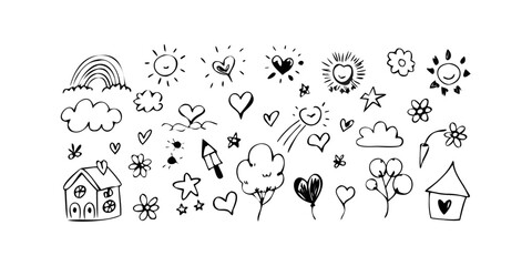 A delightful collection of various cute and charming doodle icons Vector