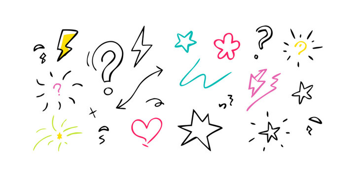 Colorful doodles of stars, hearts, lightning bolts, and question marks. Vector