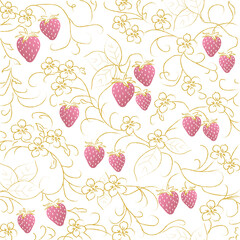 金ラインで描く苺と花の上品シームレスパターン（ピンク）ー ゴールドラインで描いた花と蔓に、ピンクの苺をアクセントとして配置した上品なシームレスパターンです。ゆめかわいい高級感を兼ね備え、ポスターやポストカード、背景素材、マスキングシールやフレークシール、苺スイーツの販促デザインまで幅広く活用できます。繰り返し使用しやすい構成です。