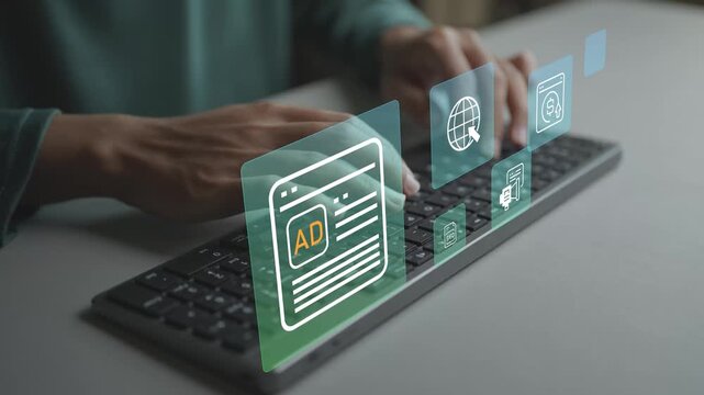 Digital marketing media concept. Business person working on computer with digital marketing icons, social media, online advertising, content strategy, analytics and brand communication.