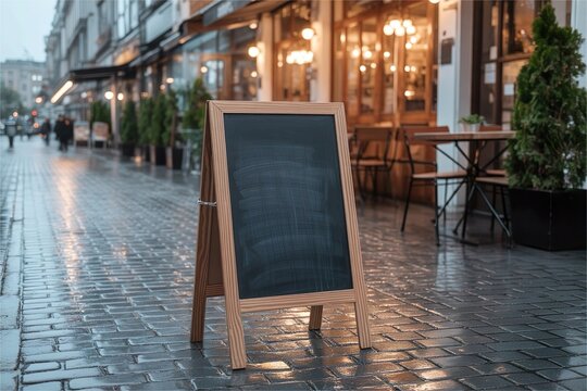 blank empty restaurant chalkboard on wet street in raint day