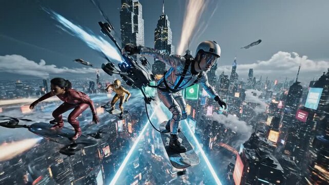 Futuristic urban explorer on a hoverboard navigates a neon-lit cityscape at high substance, leaving a trail of blue energy