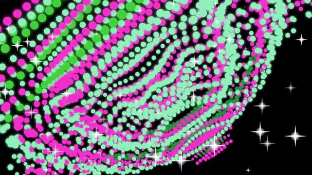 Vibrant pink and green dotwork design on a black background with white stars, creating a minimalist and clean visual effect with negative space.