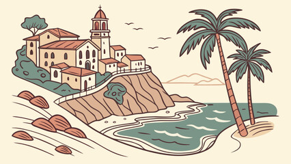 Obraz premium Mediterranean coastal village with palm trees and a beautiful bay in a pixel art style.
