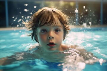 Child swimming in a pool, water droplets reflecting sunlight