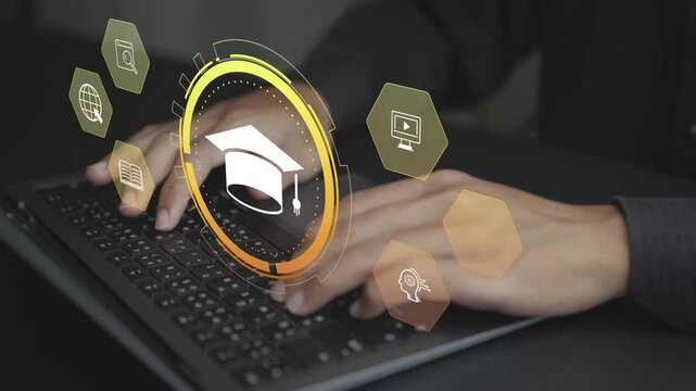E-learning education with AI concept. Person using laptop with artificial intelligence learning icons, online courses, smart education platform, digital classroom and personalized learning.
