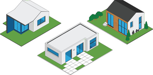 Modern minimalist isometric house collection with flat and sloped roofs suburban residential architecture exterior property illustration design set