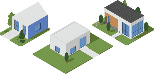Modern minimalist isometric houses collection with flat roof architecture suburban homes exterior design clean real estate illustration set