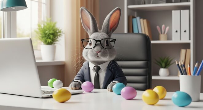 A rabbit in a business suit sitting at a desk with easter eggs and office supplies