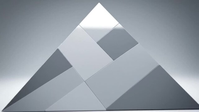 Geometric pyramid composed of interlocking matte gray and white square tiles, casting subtle shadows on a soft gradient surface, symbolizing structure and design.