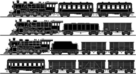 Vintage steam locomotive train silhouettes set with passenger and freight wagons for historical railway transportation and industrial heritage design concepts © Ahsan