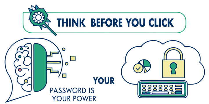 Digital security concept illustrates the importance of critical thinking regarding online actions and strong password creation.