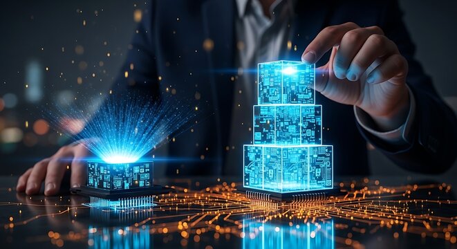 Businessman building glowing digital blocks for innovative technology solutions